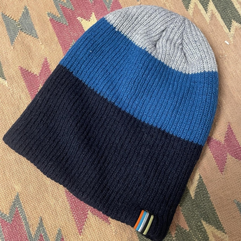 Smartwool Hat Beanie Mens One Size Blue Gray Stripe Wool Winter Knit SW016434